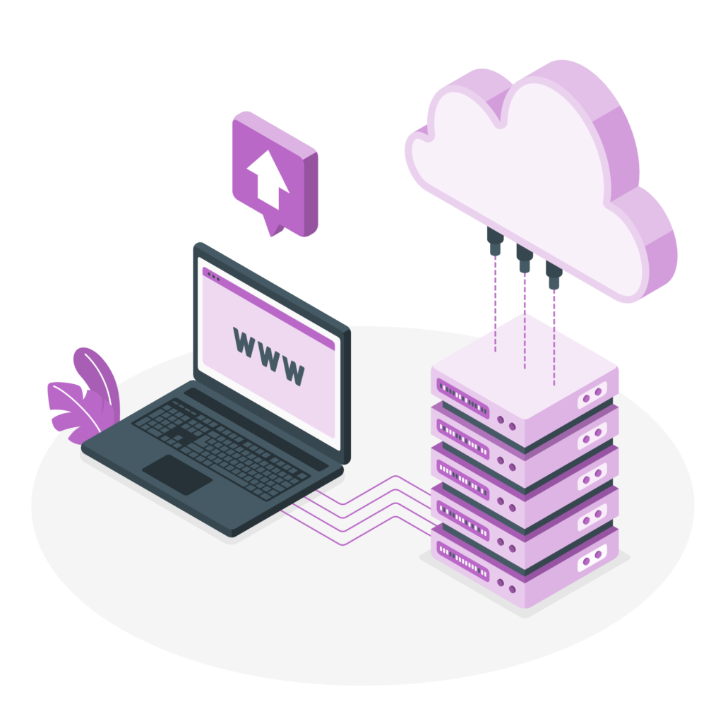 An illustration of Cloud web hosting with objects namely a laptop, server and cloud connectivity.